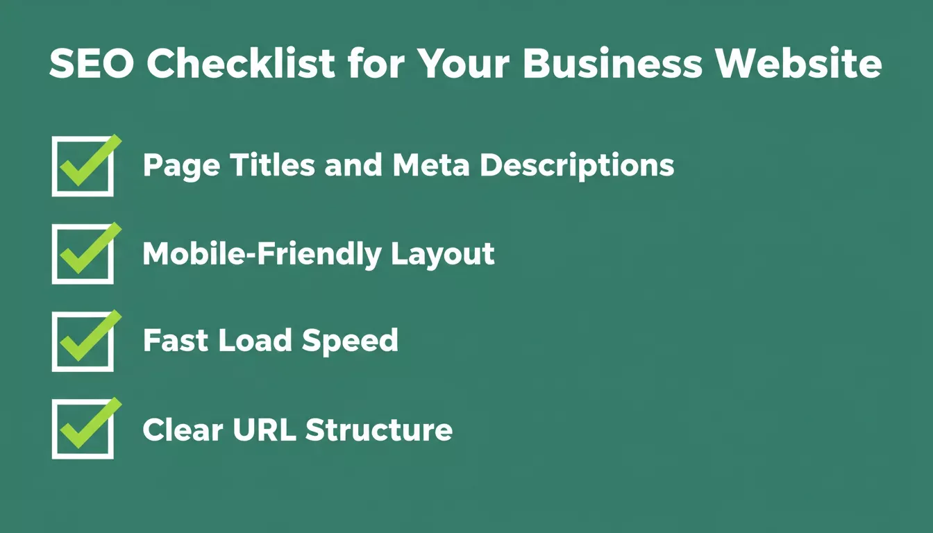 SEO Checklist for Your Business Website — five key items: page titles, mobile layout, load speed, image alt text, URL structure