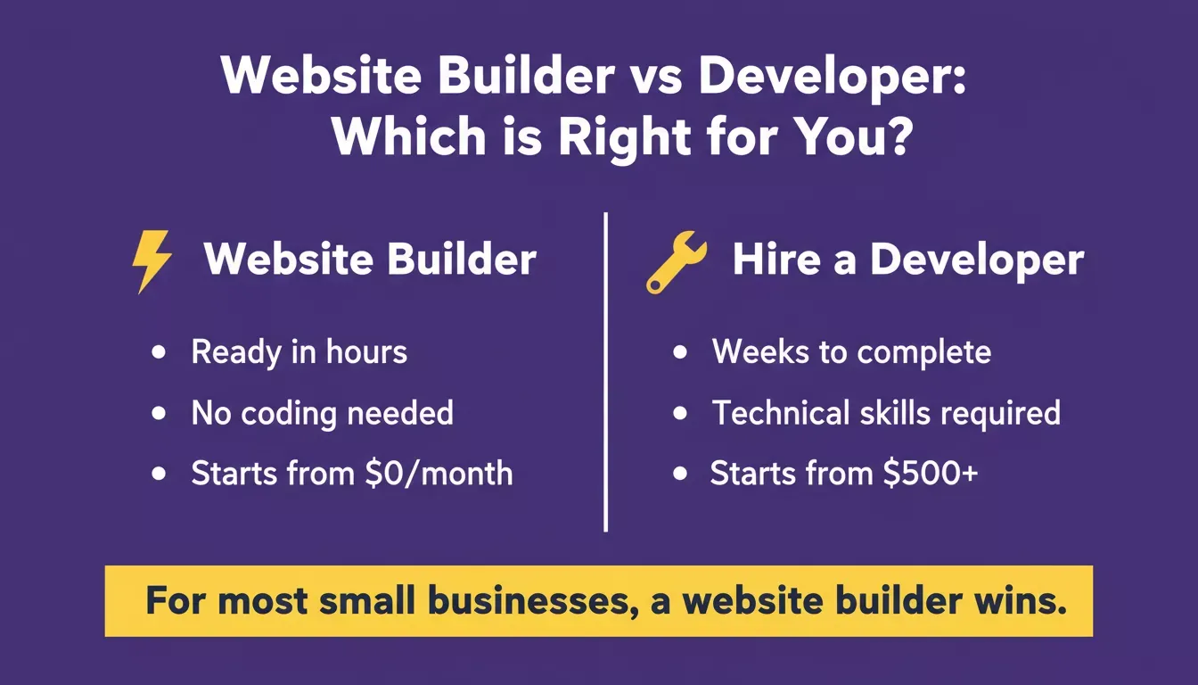 Website Builder vs Hiring a Developer — speed, cost, and skill comparison