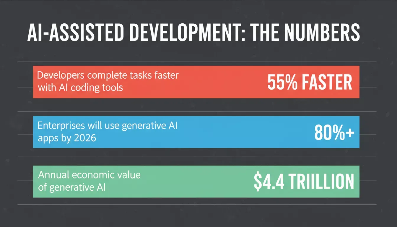AI-Assisted Development: The Numbers — bar chart showing 55% faster tasks, 80%+ enterprise adoption, $4.4T economic value