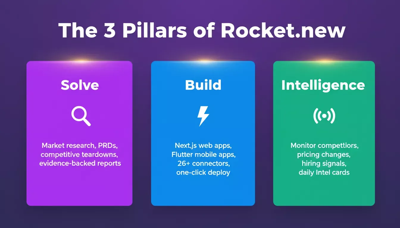 The 3 Pillars of Rocket.new: Solve for research and PRDs, Build for Next.js and Flutter apps, Intelligence for competitor monitoring