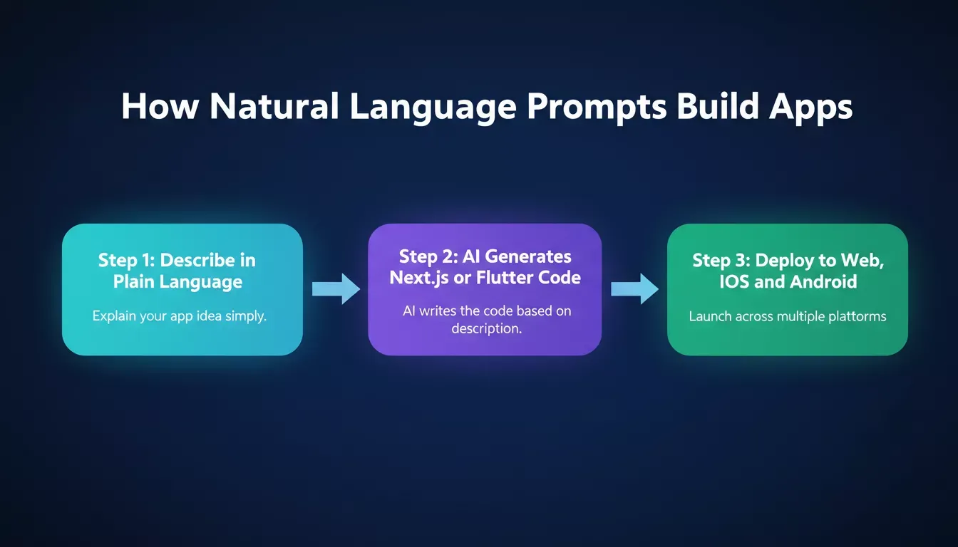 How Natural Language Prompts Build Apps: three-step flow from describe to generate to deploy