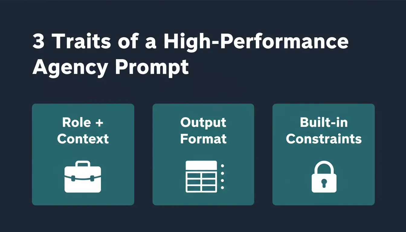 3 Traits of a High-Performance Agency Prompt — dark navy background with three teal pillars showing Role and Context, Output Format, and Built-in Constraints