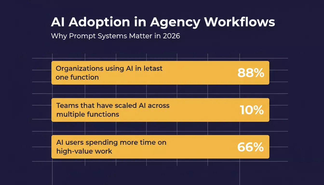 AI Adoption in Agency Workflows — dark indigo background with amber bar chart showing 88% organizations using AI, 10% scaled across functions, 66% spending more time on high-value work
