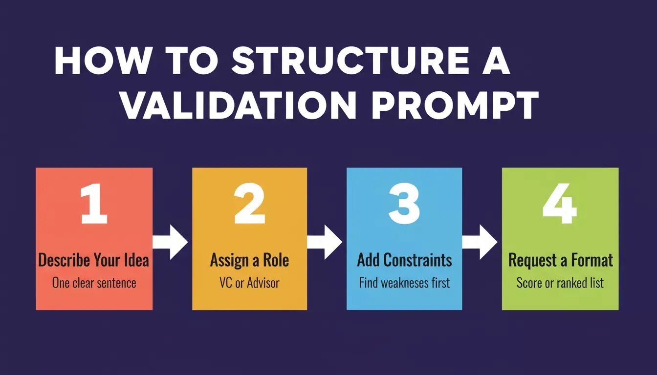 Four-step processfor structuring an AI validation prompt: describe idea, assign role, add constraints, request format