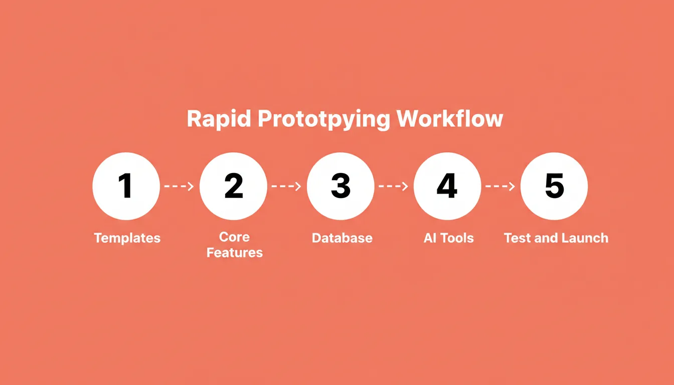Rapid Prototyping Workflow — five numbered steps from templates through core features, database, AI tools, to test and launch