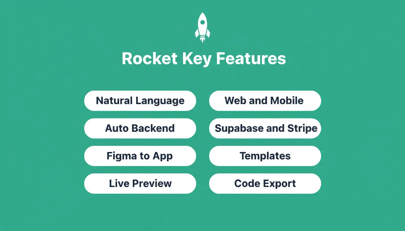 Rocket Key Features — natural language, auto backend, Figma to app, live preview, web and mobile, Supabase and Stripe, templates, and code export