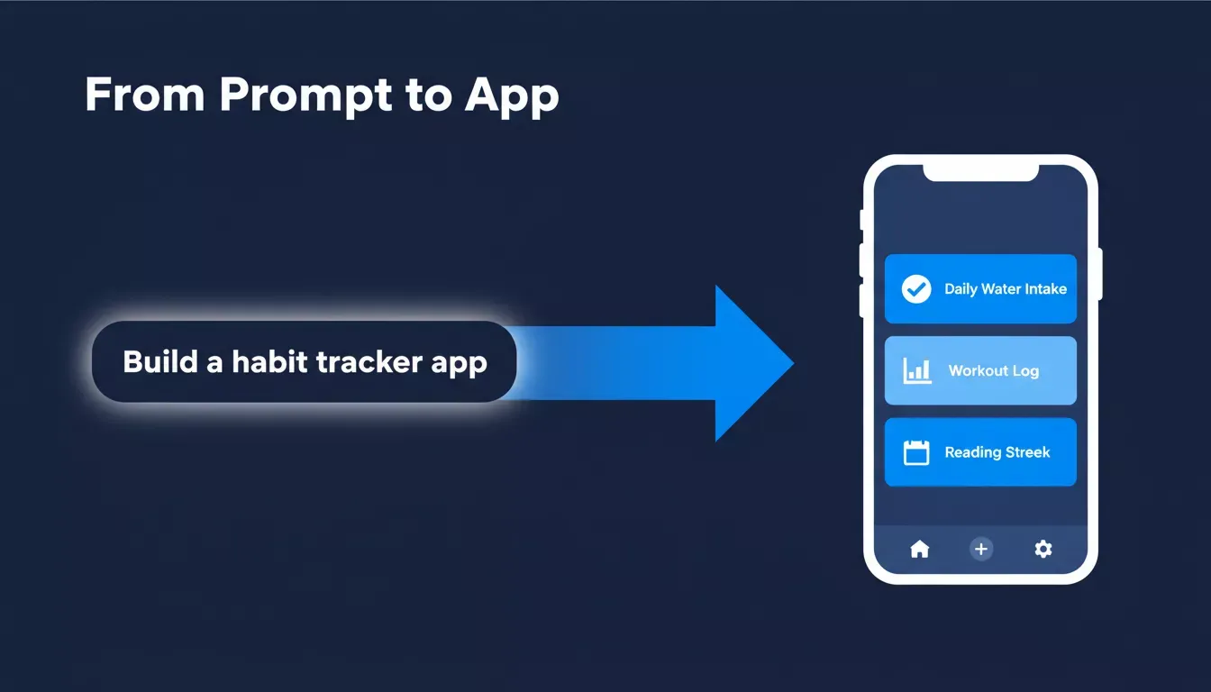 From Prompt to App — a text prompt on the left connects to a structured mobile app UI on the right