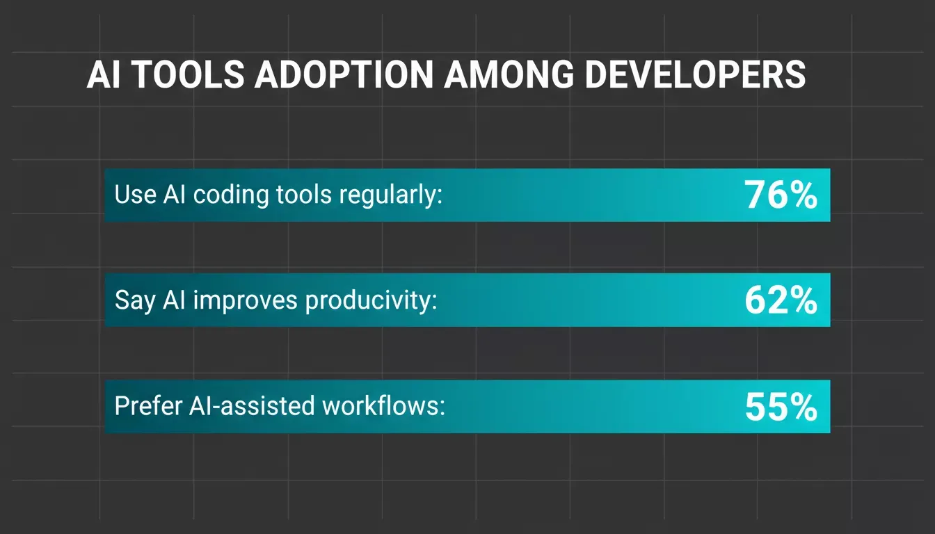 AI Tools Adoption Among Developers — bar chart showing 76% regular use, 62% productivity improvement, 55% preference for AI workflows