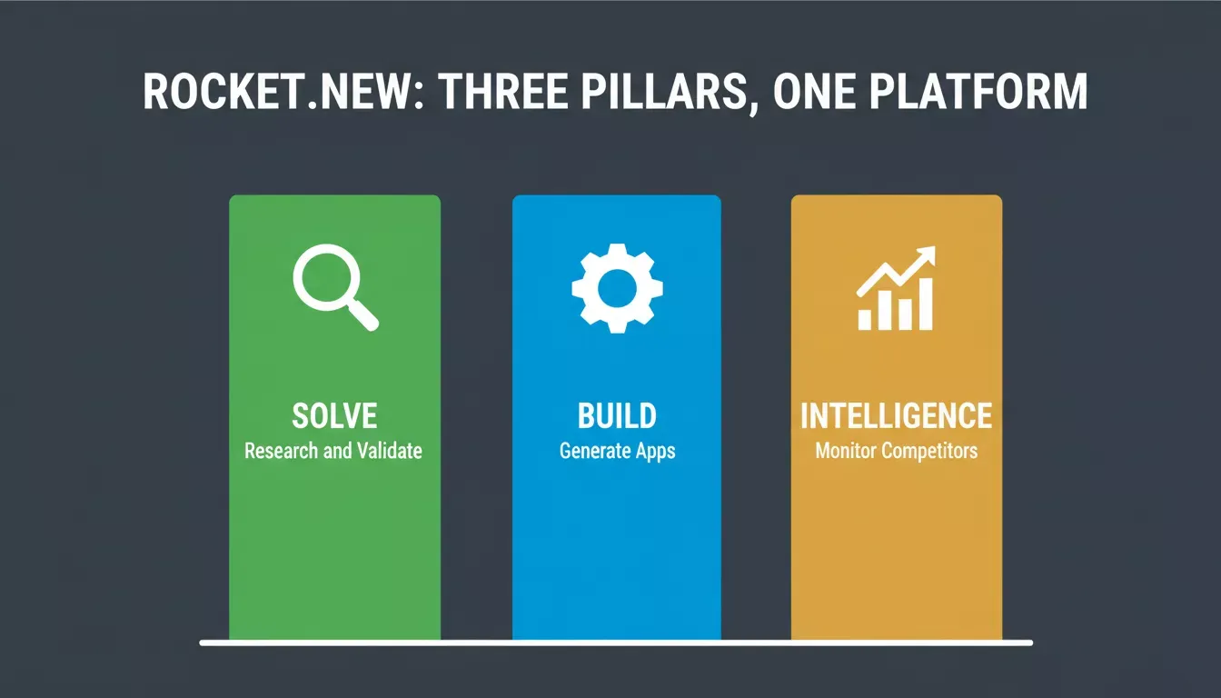 Rocket.new Three Pillars: Solve, Build, Intelligence — three vertical columns on a dark slate background