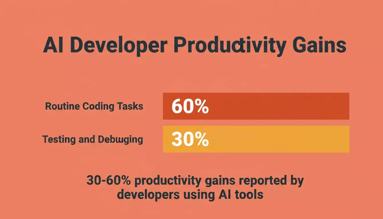 Data-driven bar chart showing AI developer productivity gains of 30-60% on coral orange background