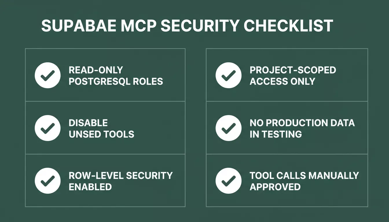 Supabase MCP Security Checklist infographic with five items on dark forest green background