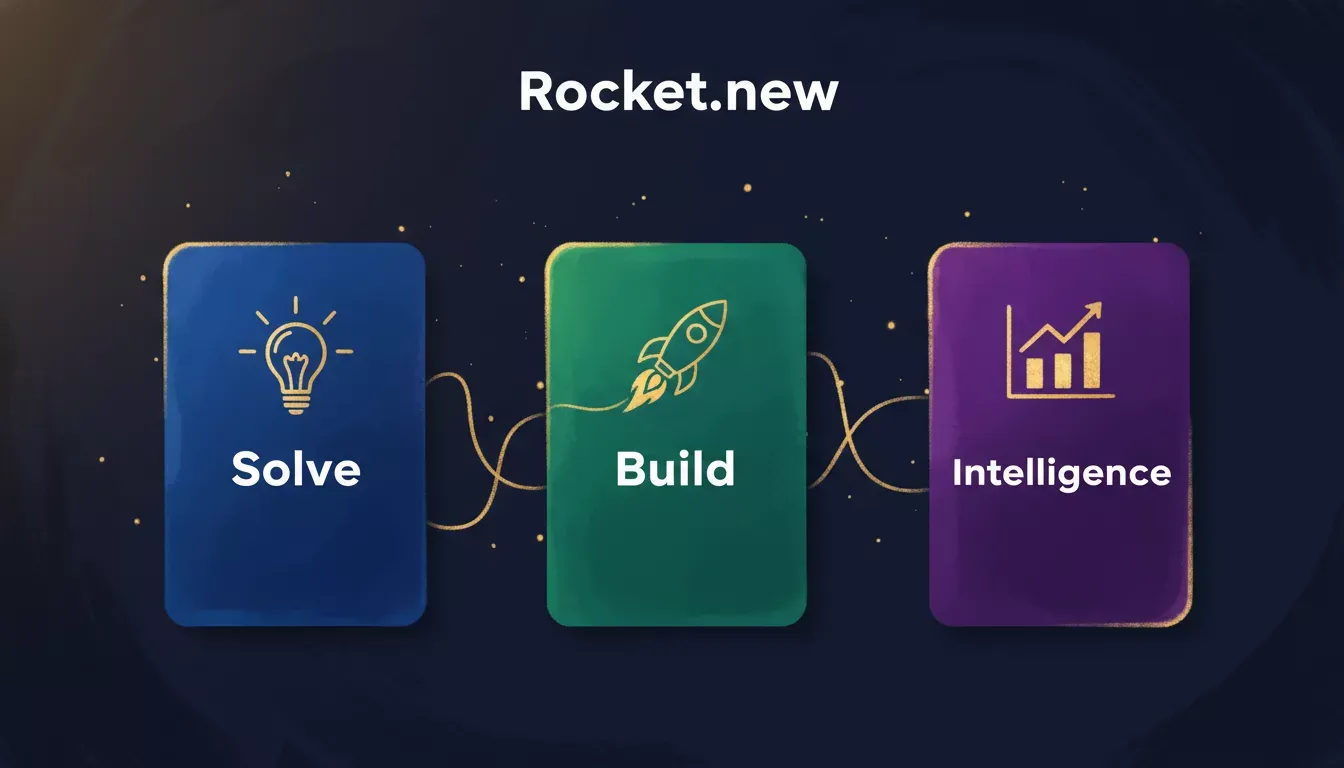 Rocket.new three pillars: Solve for research, Build for app generation, Intelligence for competitor monitoring