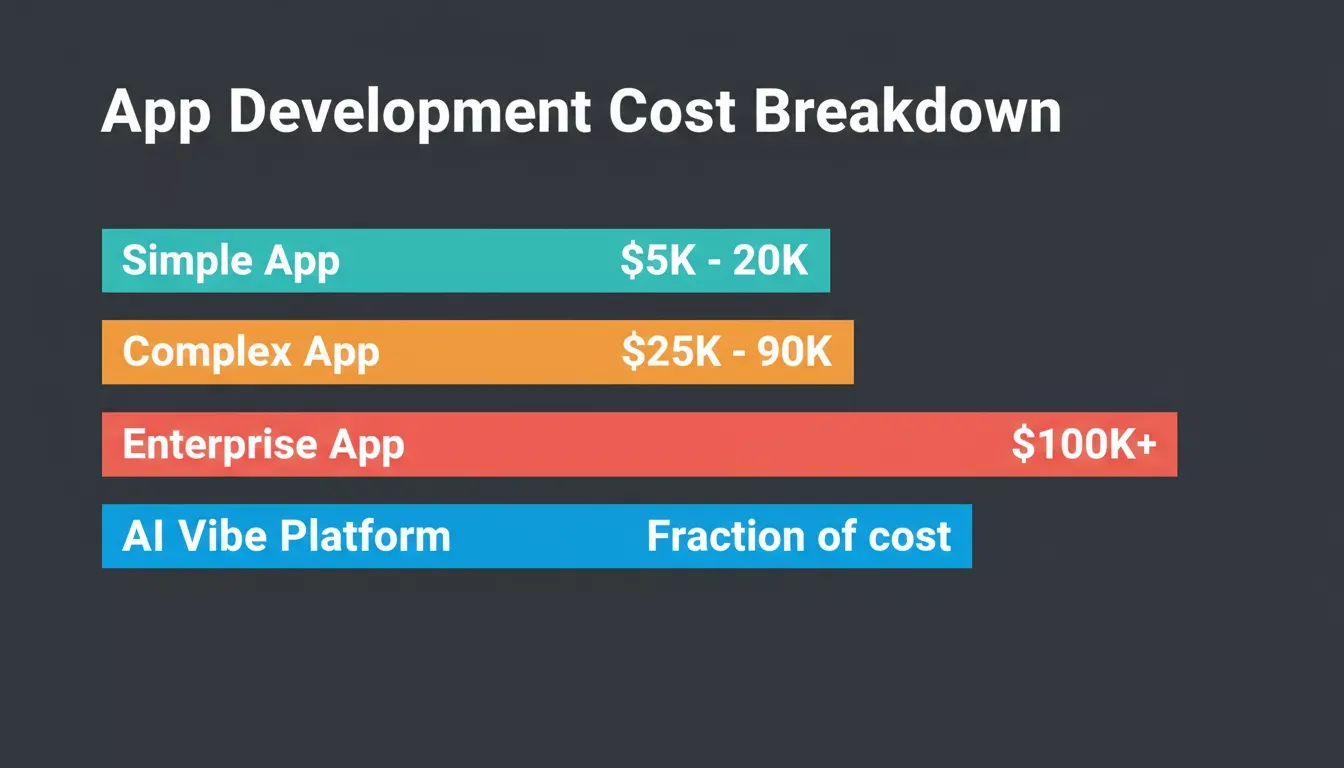 App development cost breakdown by complexity: simple, complex, enterprise, and AI vibe platform