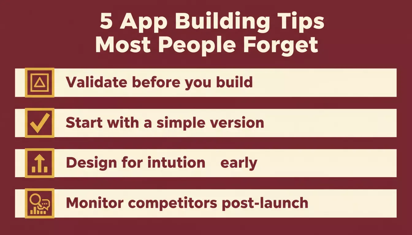 5 app building tips most people forget: validate, start simple, design intuitively, gather feedback, monitor competitors