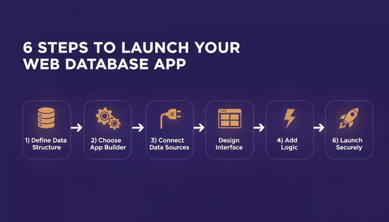 6 Steps to Launch Your Web Database App — numbered step flow from data structure to secure launch