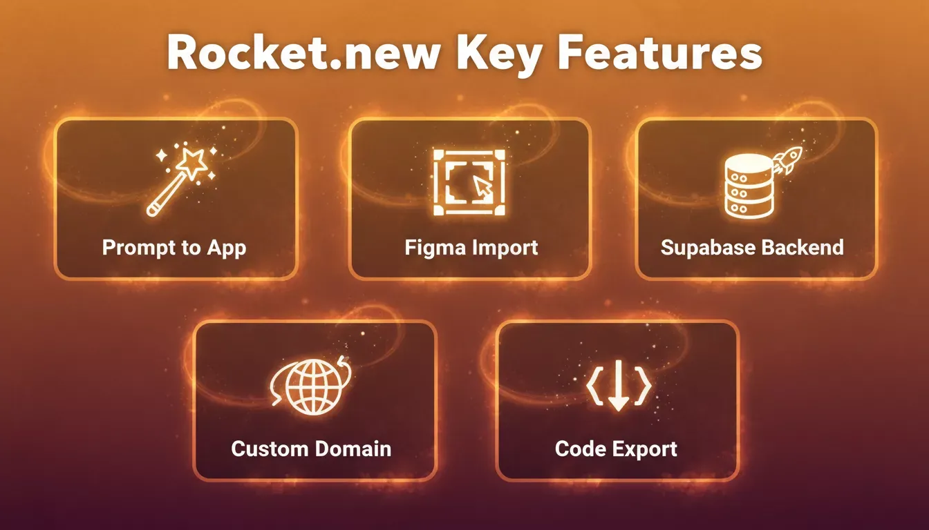 Rocket.new Key Features — five feature cards showing Prompt to App, Figma Import, Supabase Backend, Custom Domain, Code Export
