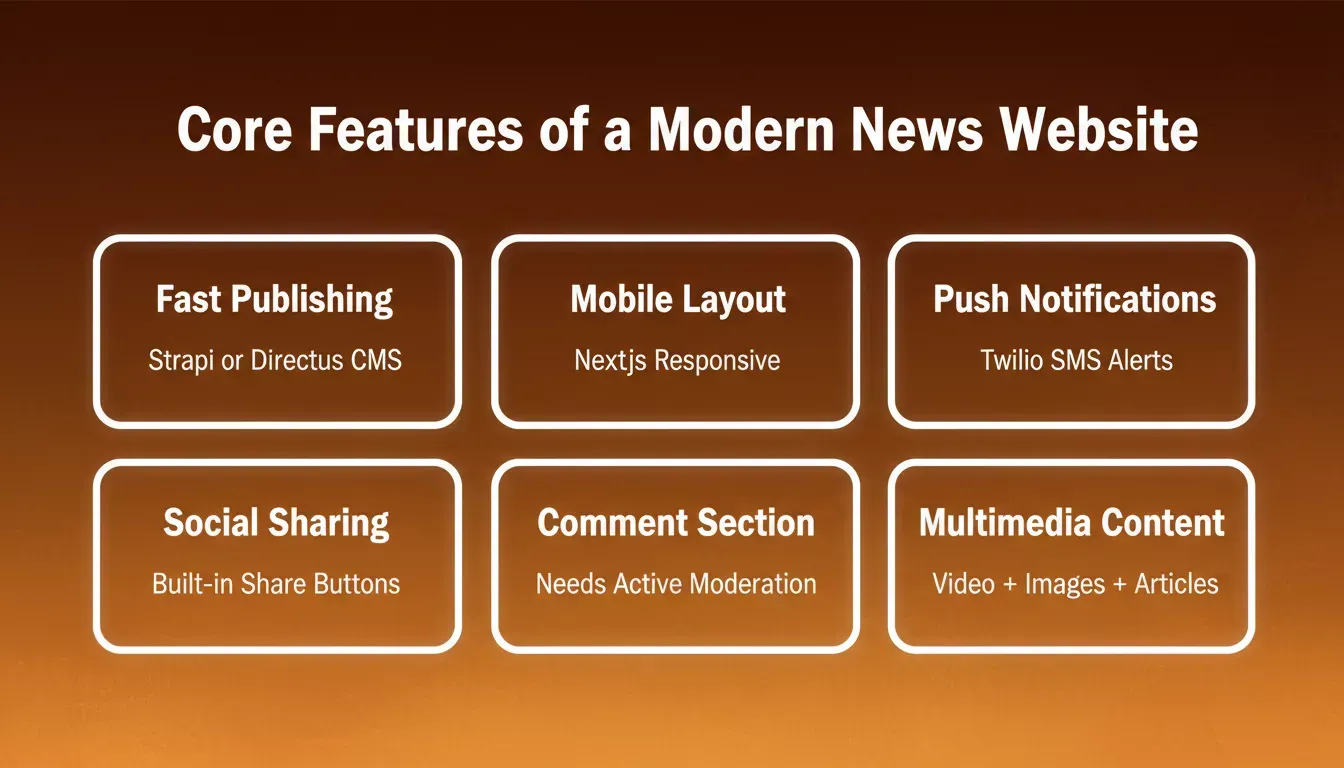 Core Features of a Modern News Website — six feature cards showing Fast Publishing, Mobile Layout, Push Notifications, Social Sharing, Comments, and Multimedia