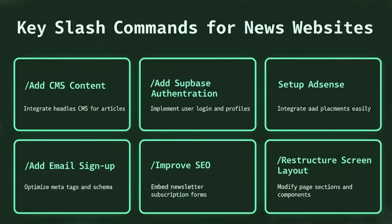 Key Slash Commands for News Websites — green command cards showing /Add CMS Content, /Add Supabase Authentication, /Setup Adsense, /Improve SEO, /Add Email Sign-up, /Restructure Screen Layout