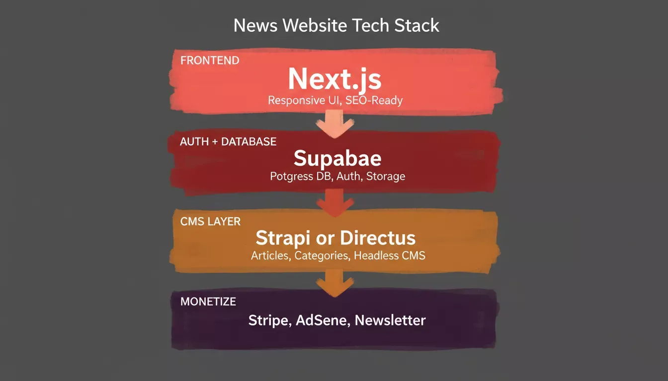 News Website Tech Stack — four-layer architecture diagram showing Next.js frontend, Supabase auth and database, Strapi or Directus CMS, and Stripe and AdSense monetization layer.