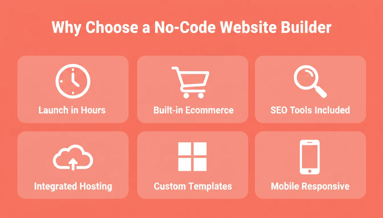 Why Choose a No-Code Website Builder: launch in hours, built-in ecommerce, SEO tools included, integrated hosting, custom templates, and mobile responsive design