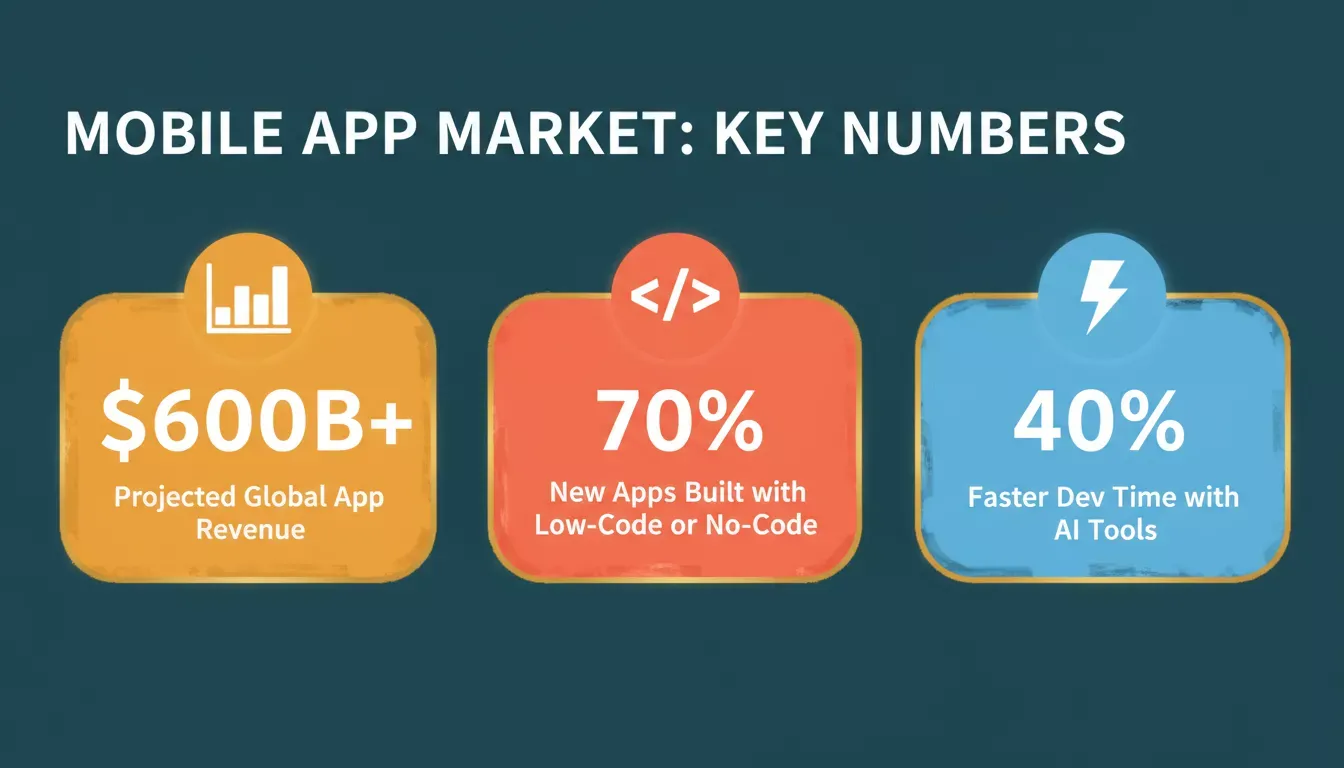 Mobile App Market Key Numbers — $600B revenue, 70% low-code adoption, 40% faster development with AI