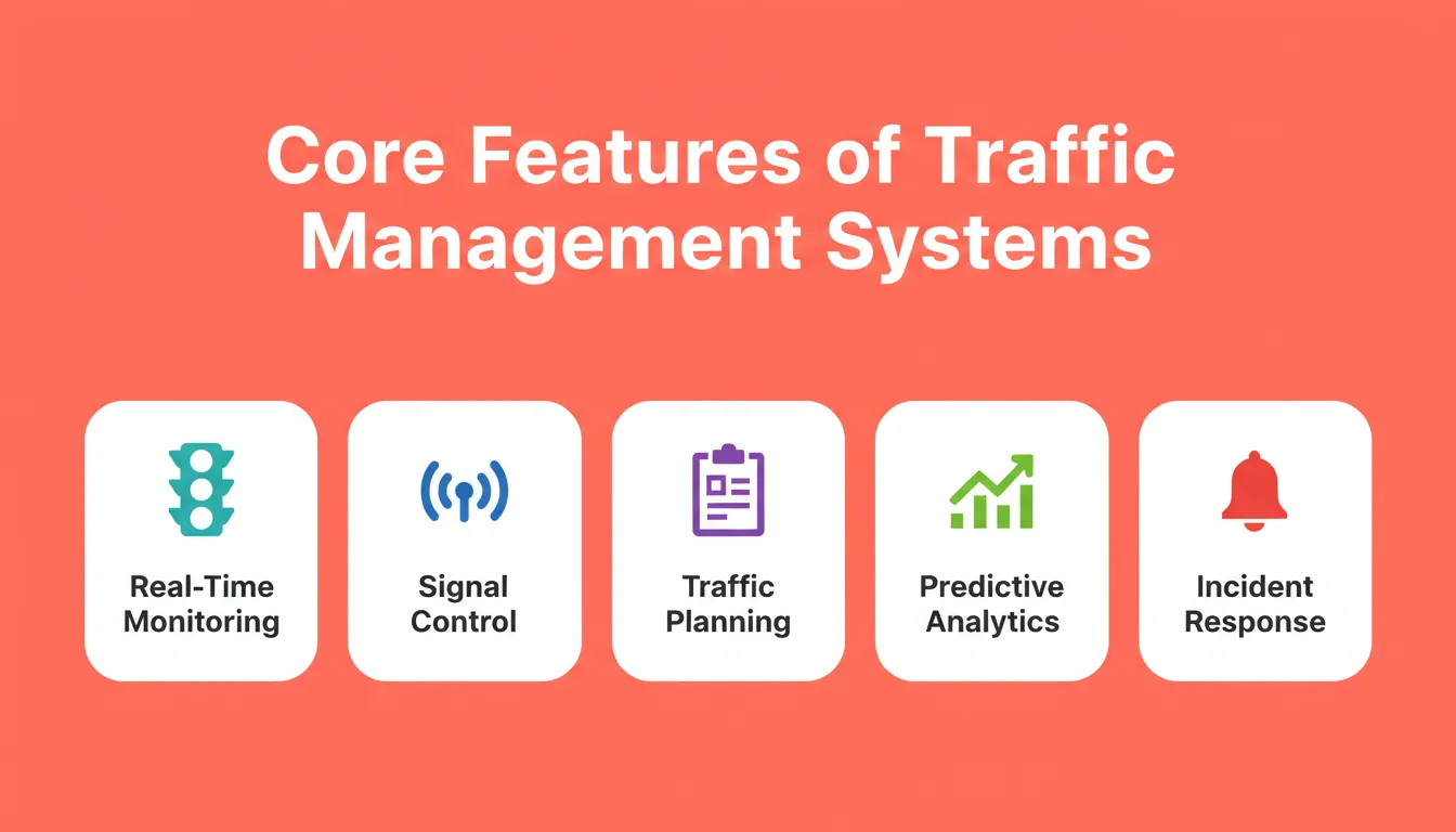 Core Features of Traffic Management Systems — five key capabilities: Real-Time Monitoring, Signal Control, Traffic Planning, Predictive Analytics, and Incident Response