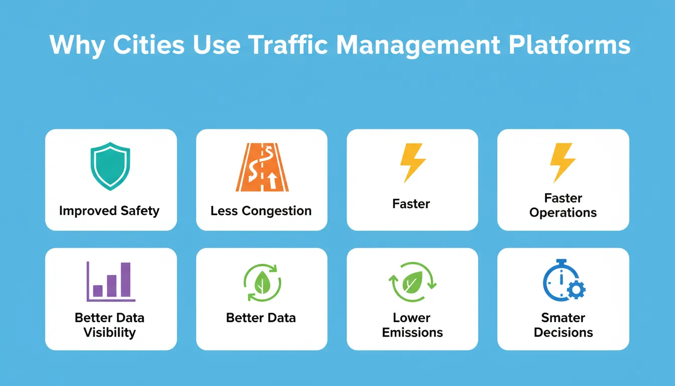 Why Cities Use Traffic Management Platforms — six key benefits: Improved Safety, Less Congestion, Faster Operations, Better Data Visibility, Lower Emissions, and Smarter Decisions