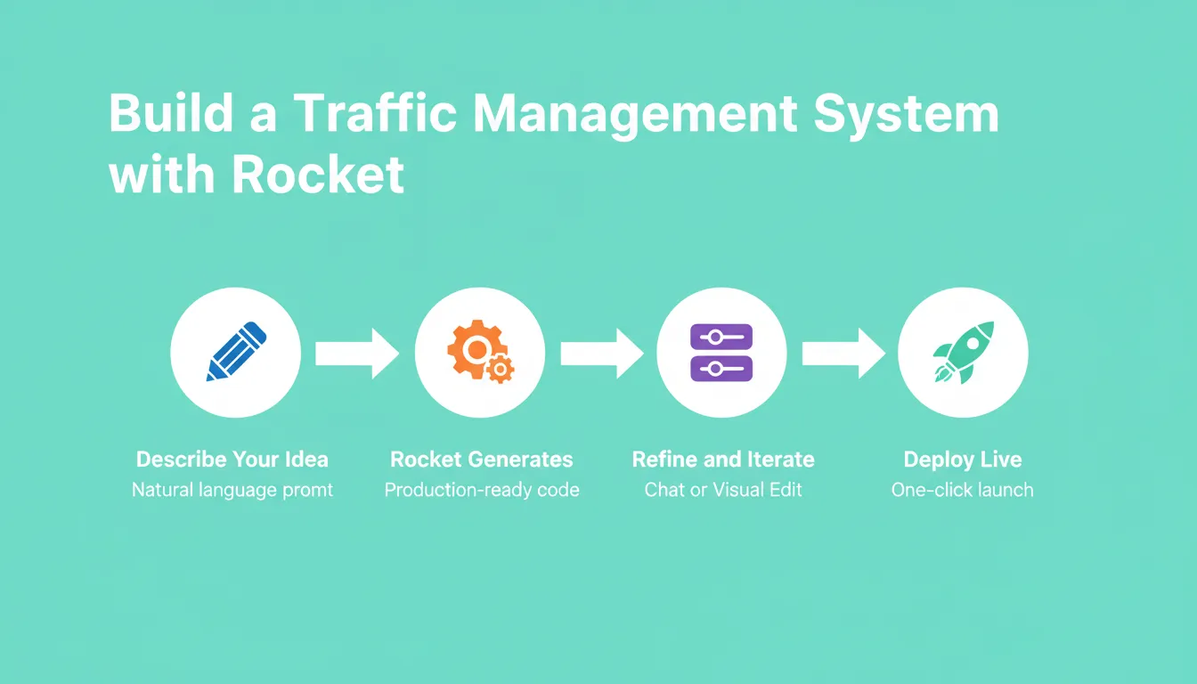 Build a Traffic Management System with Rocket.new — four-step workflow: Describe Your Idea, Rocket Generates, Refine and Iterate, Deploy Live