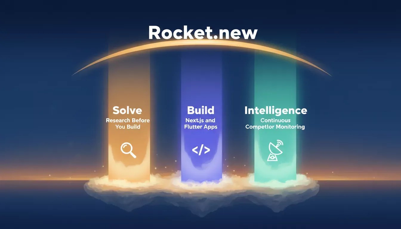 Rocket.new three-pillar architecture diagram showing Solve, Build, and Intelligence working together
