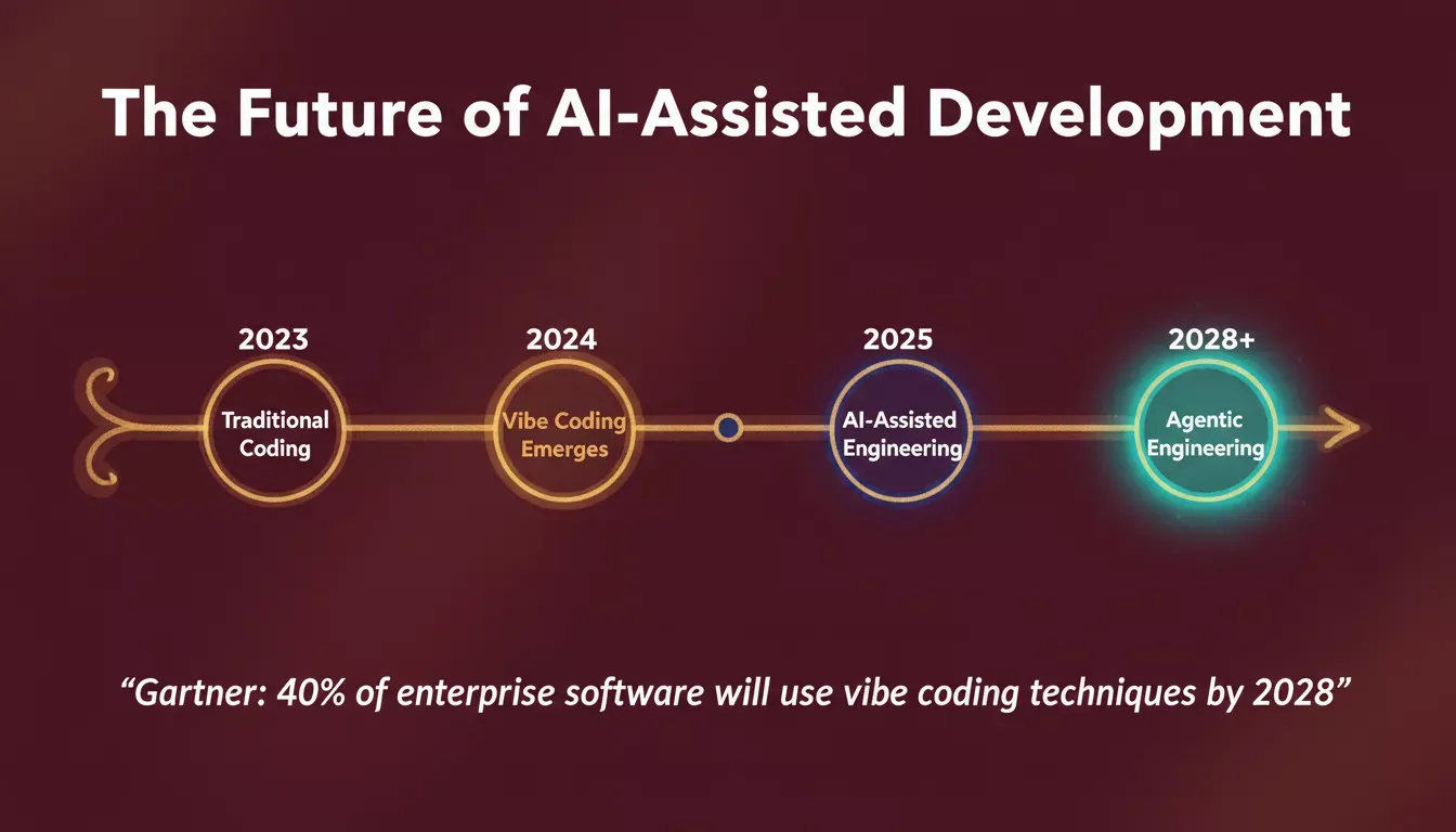 Timeline infographic showing the evolution from vibe coding to agentic engineering by 2028 with Gartner prediction