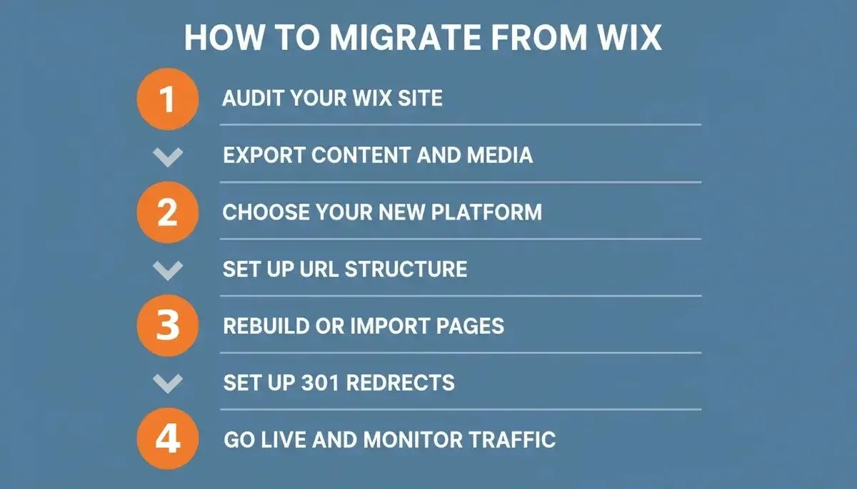 8-step Wix migration checklist: Audit, Export, Choose Platform, Set Up URLs, Rebuild Pages, Set Up 301 Redirects, Test Everything, Go Live and Monitor