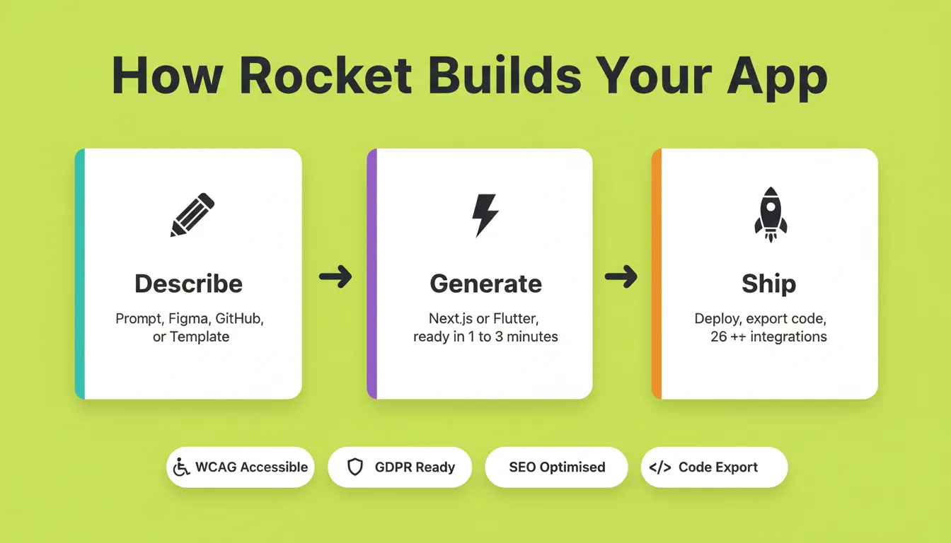 How Rocket Builds Your App — three steps: Describe your idea, Generate in 1 to 3 minutes, Ship with 26 plus integrations, WCAG, GDPR, SEO, and code export