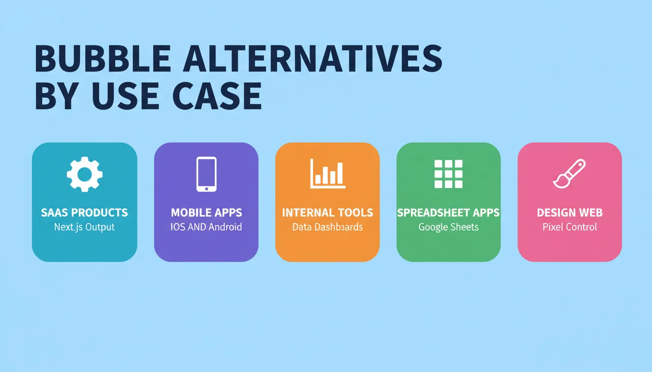 Bubble Alternatives by Use Case — five categories: SaaS Products, Mobile Apps, Internal Tools, Spreadsheet Apps, and Design-First Web, each with its best-fit platform