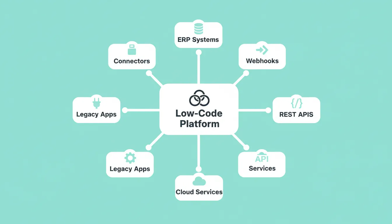 Low-code platform connecting to legacy systems through APIs, webhooks, and connectors