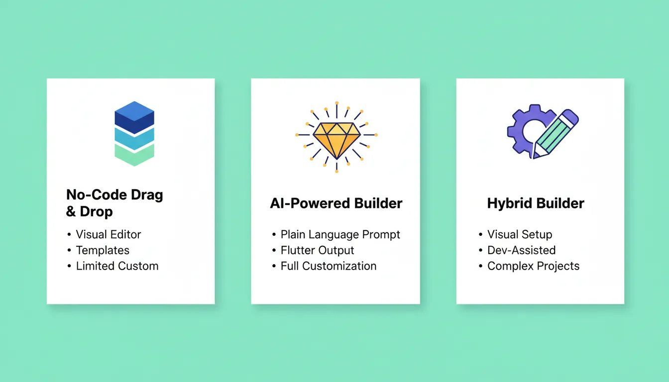 Three types of news app builders: No-Code Drag and Drop, AI-Powered Builder, and Hybrid Builder, each with distinct capabilities