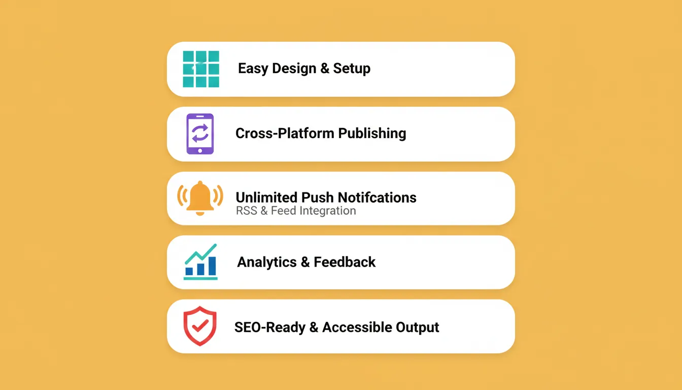 Seven key features to look for in a news app builder: Design Setup, Cross-Platform, Push Notifications, RSS Feeds, Analytics, Monetization, and SEO-Ready Output