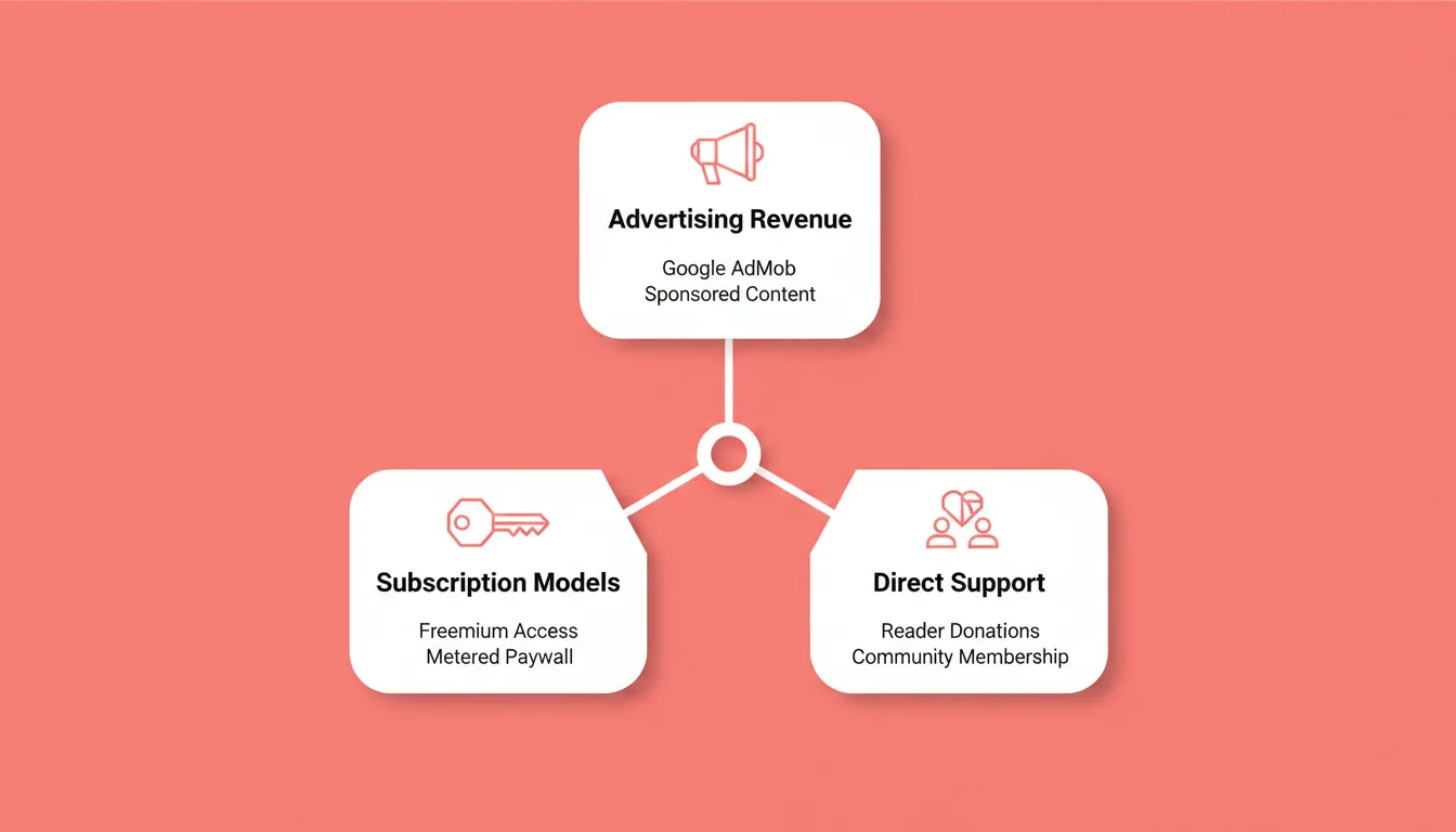 Three news app monetization strategies: Advertising Revenue, Subscription Models, and Direct Support, shown in a radial layout