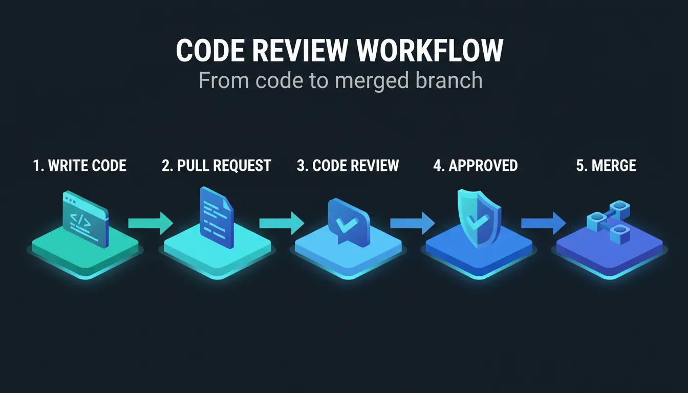 Code Review Workflow — 5-stage pipeline from Write Code to Merge