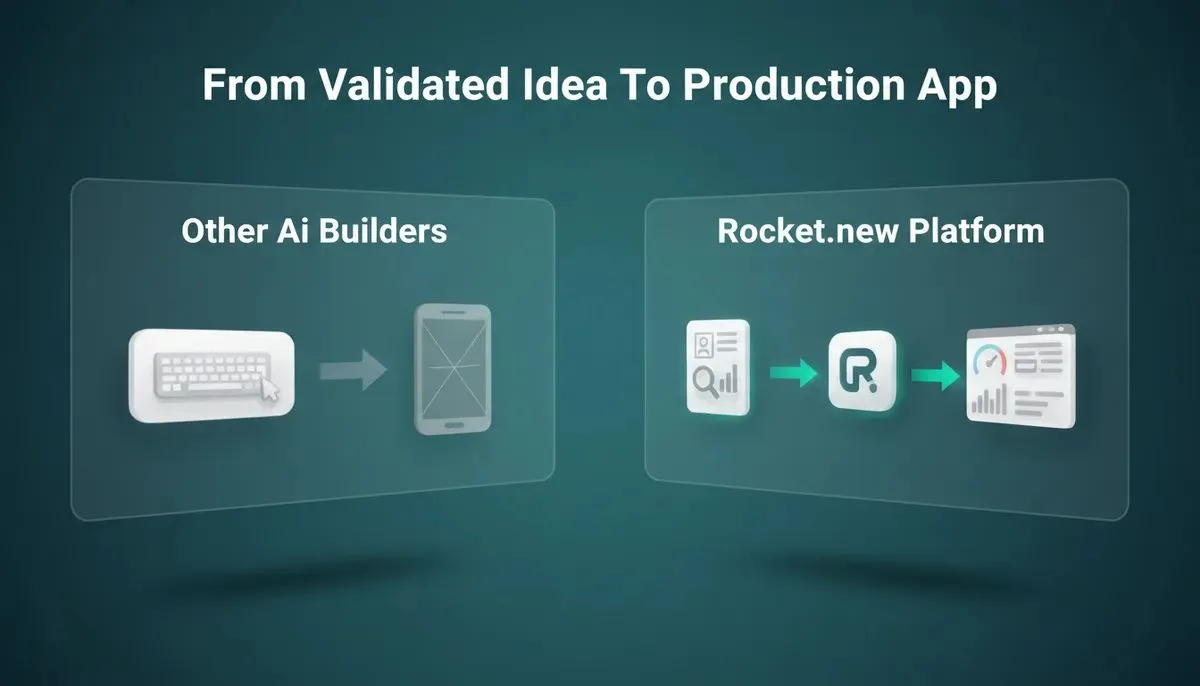 Comparing Other AI Builders single-step prompt-to-prototype flow versus Rocket.new Platform three-step Solve Build Intelligence workflow