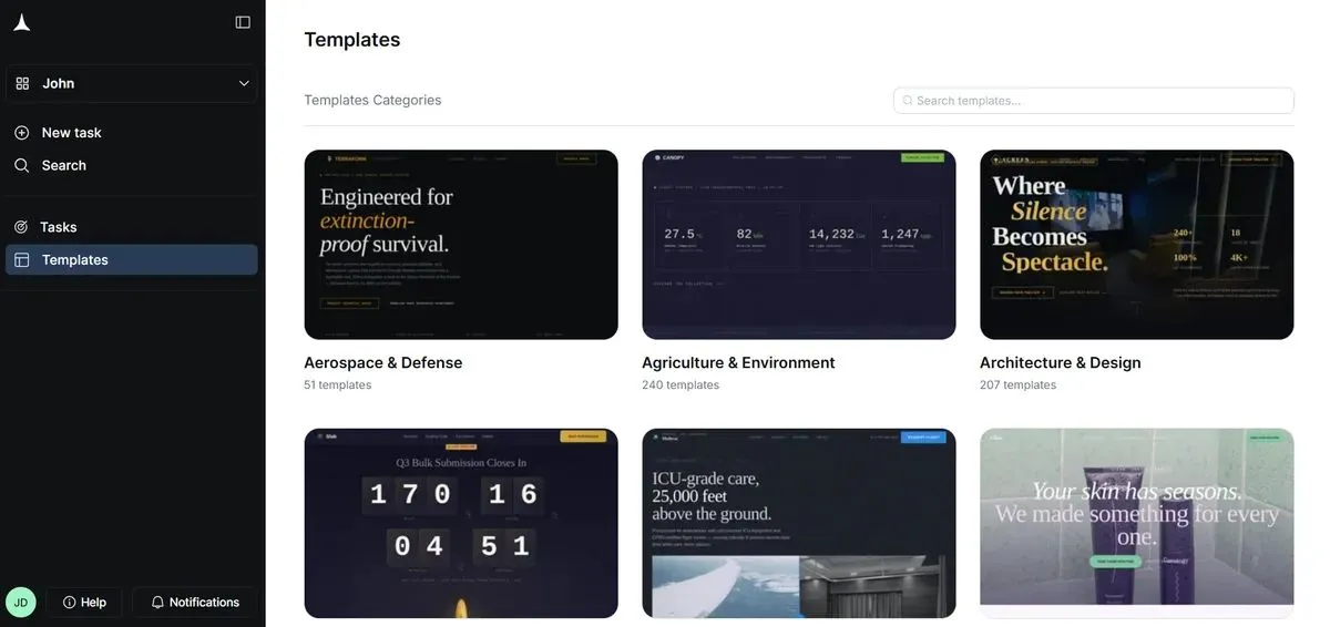 Rocket template library interface showing landing page categories organized by type