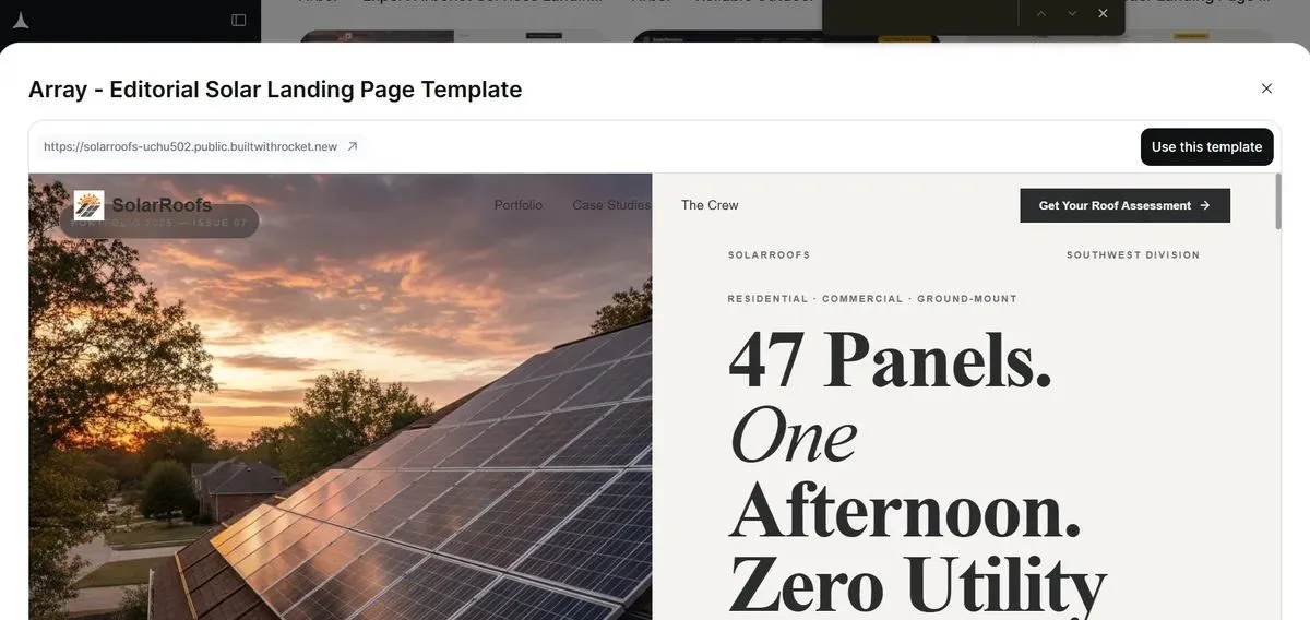Rocket template preview screen displaying layout sections including hero, features, testimonials, pricing, and call-to-action blocks