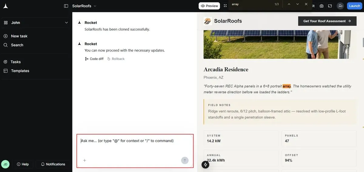 Rocket chat interface showing a user typing plain-English customization instructions to change colors, add pricing sections, and update copy