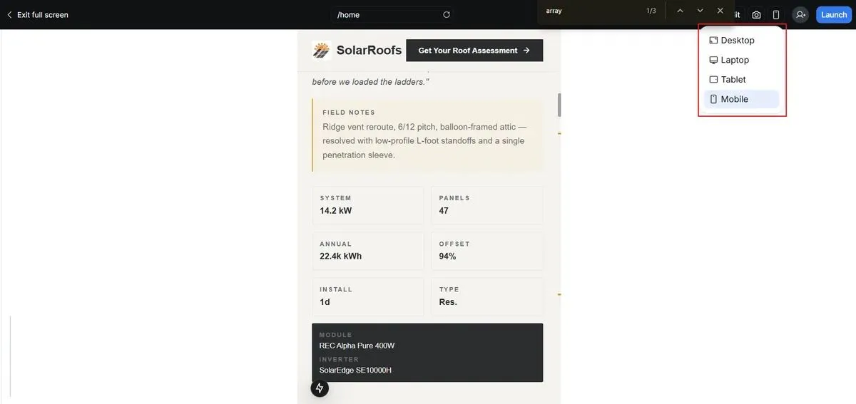 Rocket mobile preview mode showing a landing page rendered in a phone simulator with responsive layout