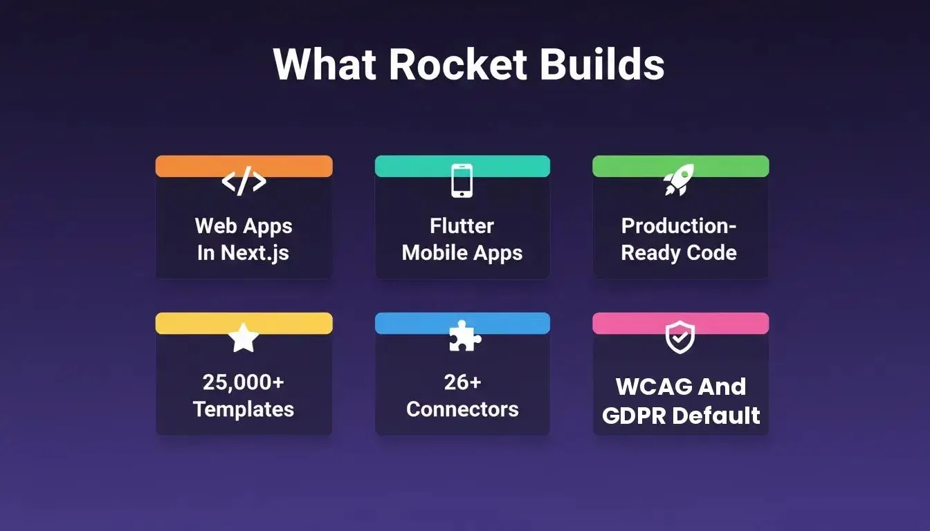 Six feature tiles on purple gradient background showing what Rocket builds