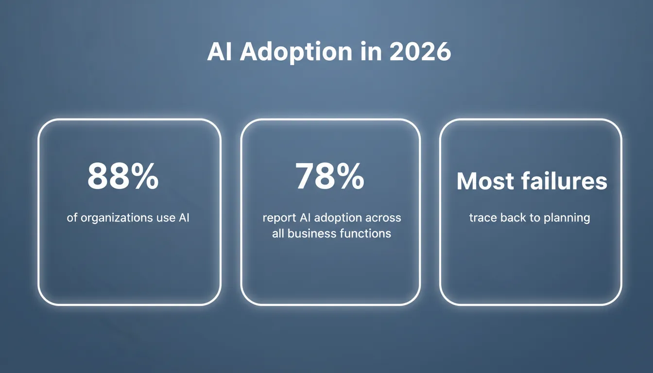 AI Adoption in 2026 showing 88% of organizations use AI, 78% report adoption across business functions, and most failures trace back to planning