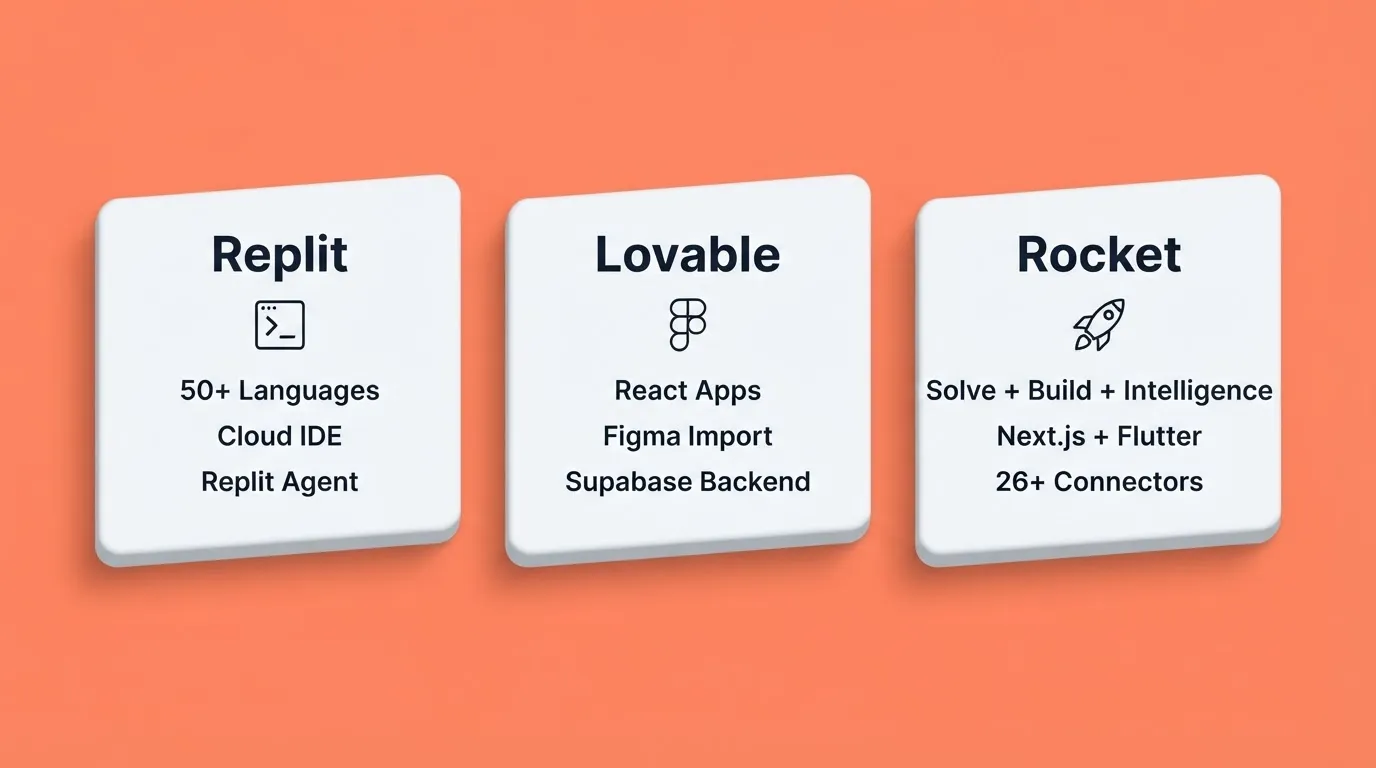 Three Platforms Side By Side: Replit, Lovable, And Rocket