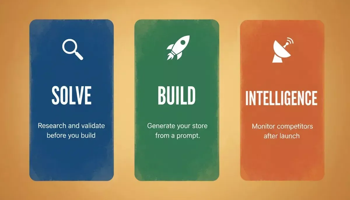 Rocket.new's three-pillar model: research before you build, generate as you build, monitor after you launch