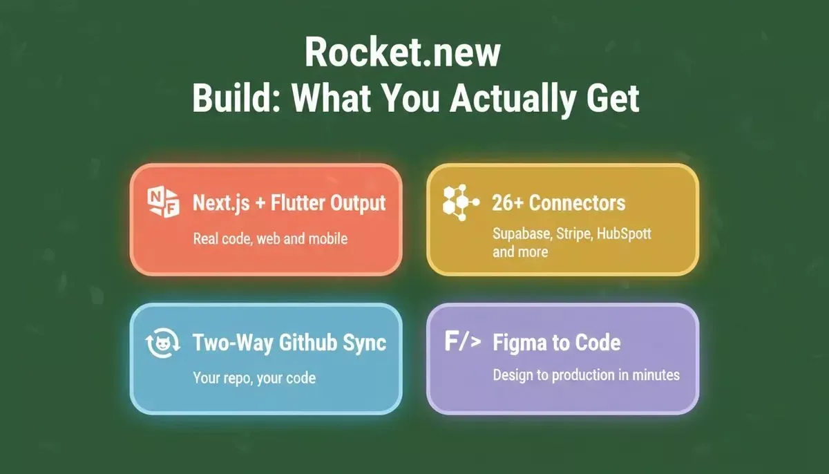 Rocket.new Build features: Next.js and Flutter output, 26 plus connectors, two-way GitHub sync, Figma to code