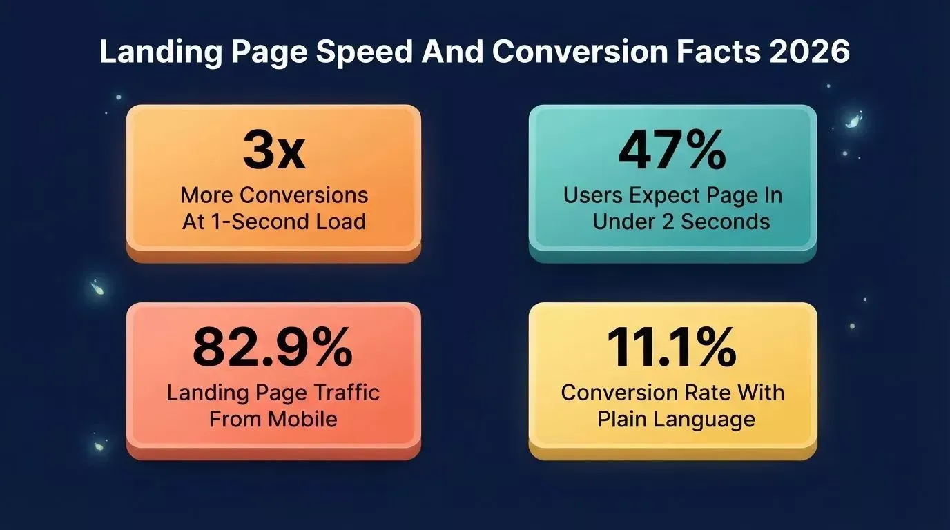Four key landing page speed and conversion stats: 3x more conversions at 1-second load, 47% expect fast load, 82.9% mobile traffic, 11.1% plain language conversion rate