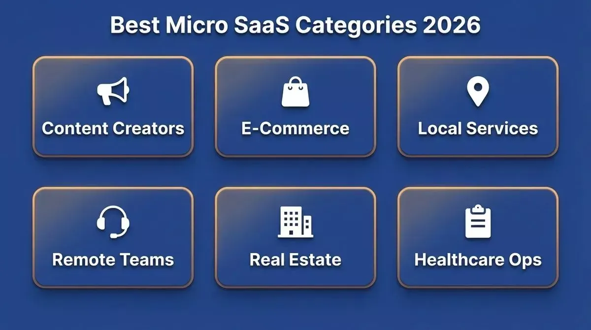 Six high-potential micro SaaS categories for 2026 including Content Creators, E-Commerce, Local Services, Remote Teams, Real Estate, and Healthcare Ops